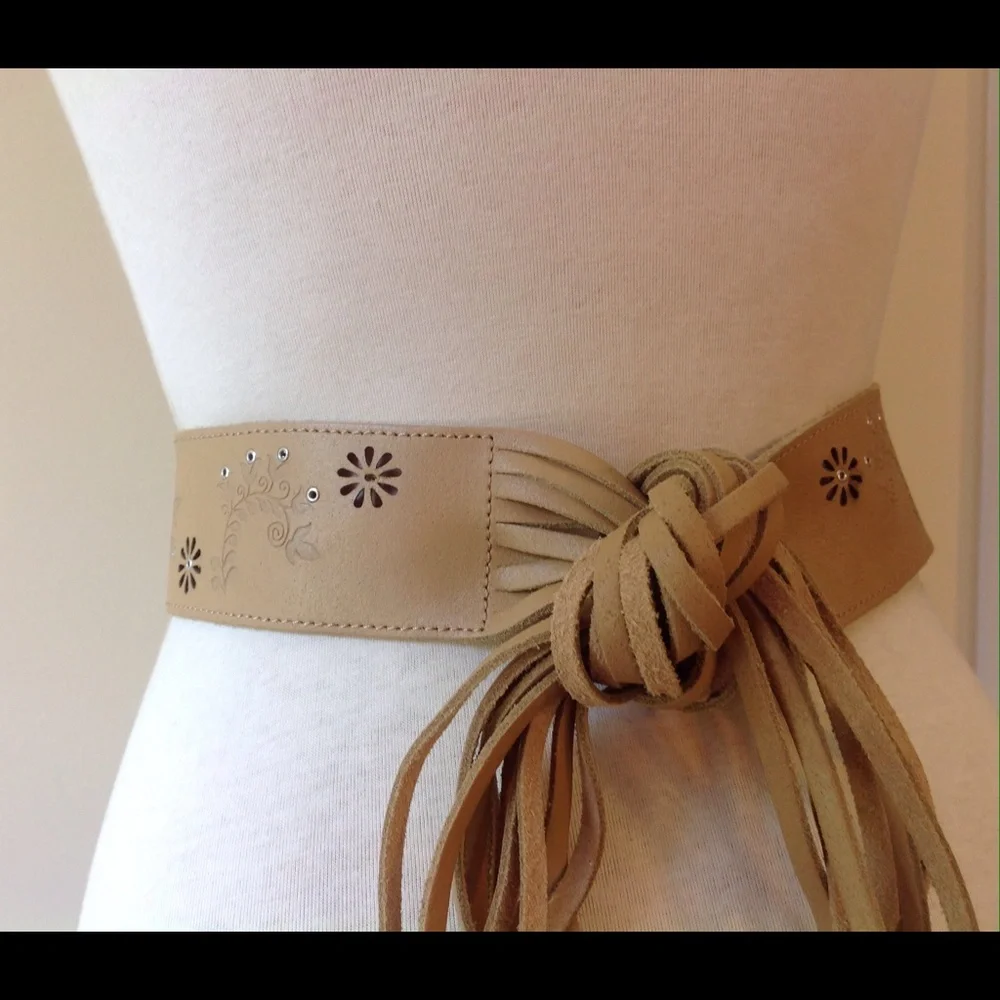 Vintage Brown Leather Fringe Belt Caramel Stud